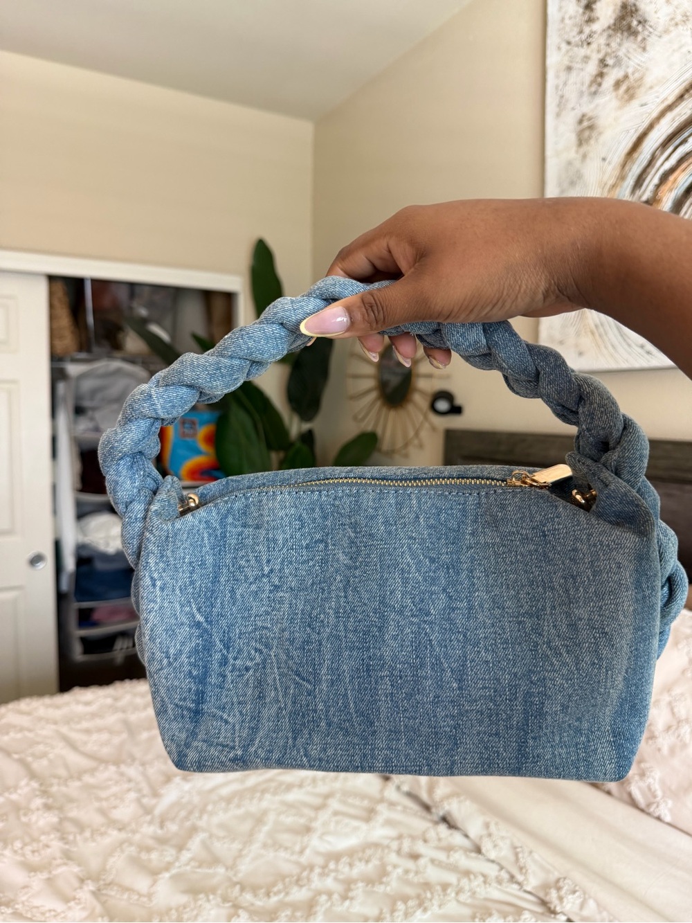 Denim Braided Handle Shoulder Bag - Blue